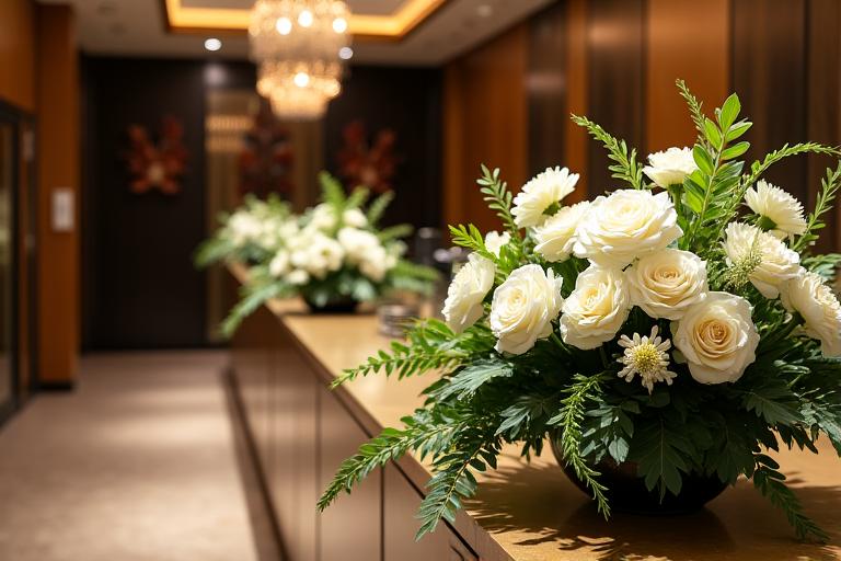 企業イベントの受付に飾られた豪華な花