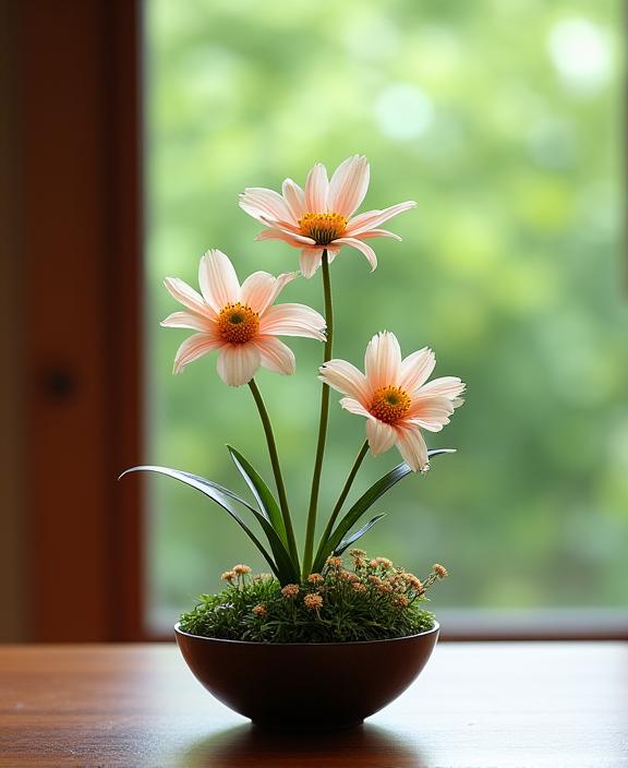 窓の外の緑を借景にした生け花