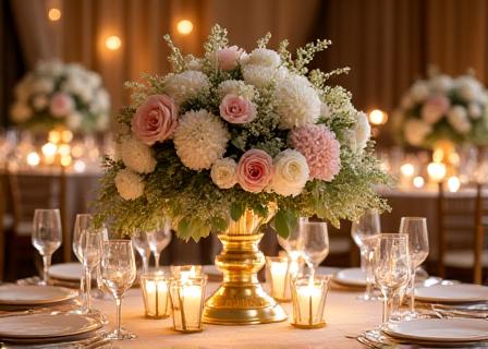 花で豪華に装飾された結婚披露宴のテーブル