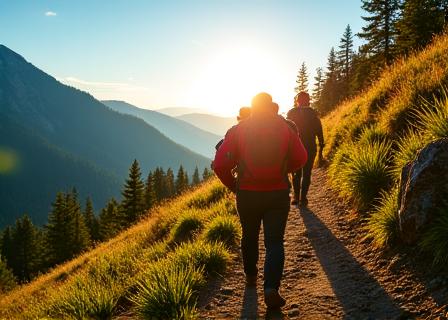 朝日を浴びながら山道を歩くハイカーグループ